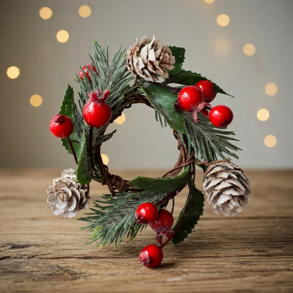 Holly Leaf, Berries & Pine Cone Candle Stick Wreath