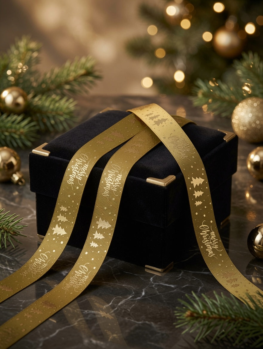 15mm Merry Christmas Trees Satin Ribbon x 20 Metre Rolls!Gold