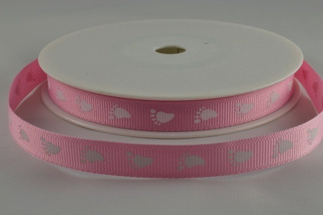10mm Grosgrain Baby Feet Ribbon (20 Metre Rolls)Baby Pink