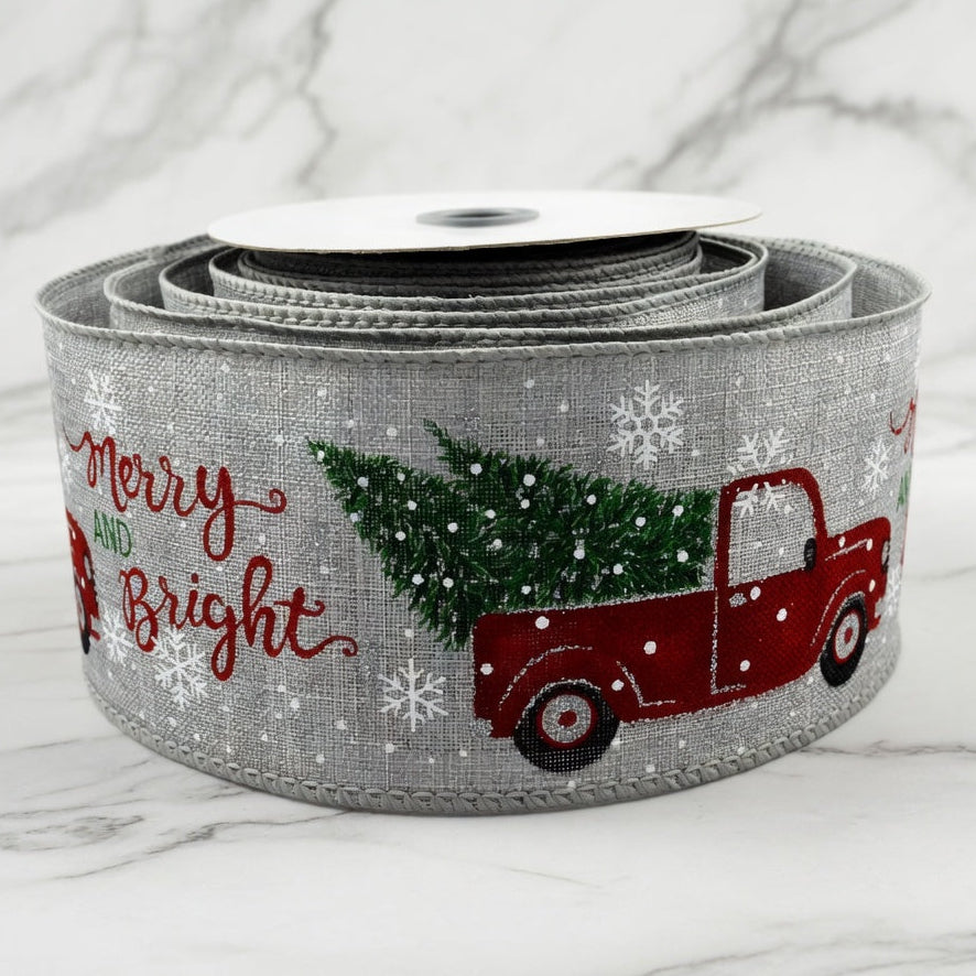 46060 - 63mm Wired Christmas Car "Merry & Bright" Ribbon x 10 Metres!