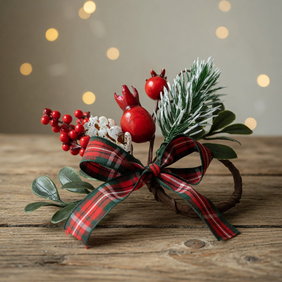 Christmas Candle Decoration with Frosted Pine & Tartan Bow