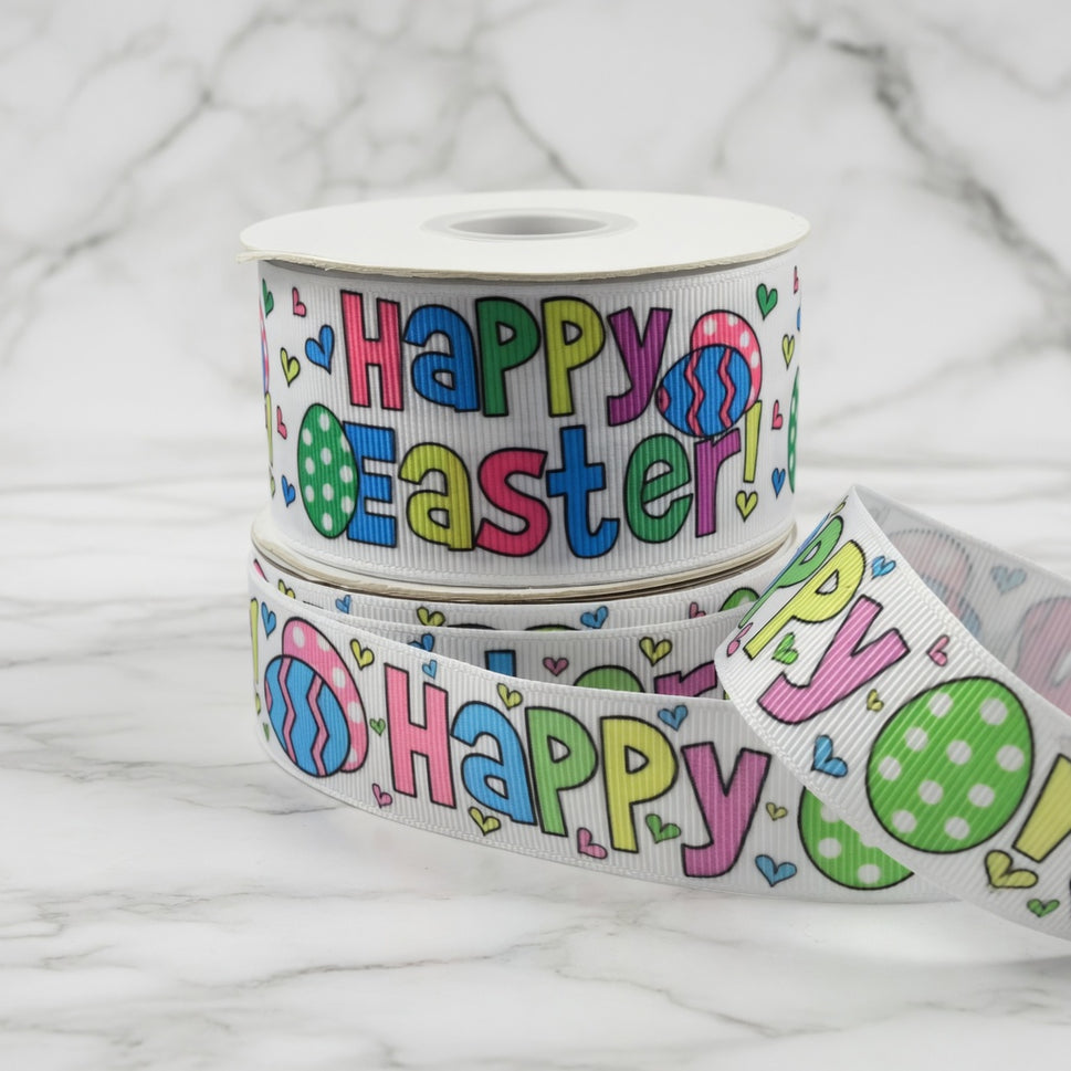55118 - 25mm & 38mm White Grosgrain Happy Easter Ribbon x 10 Metres!