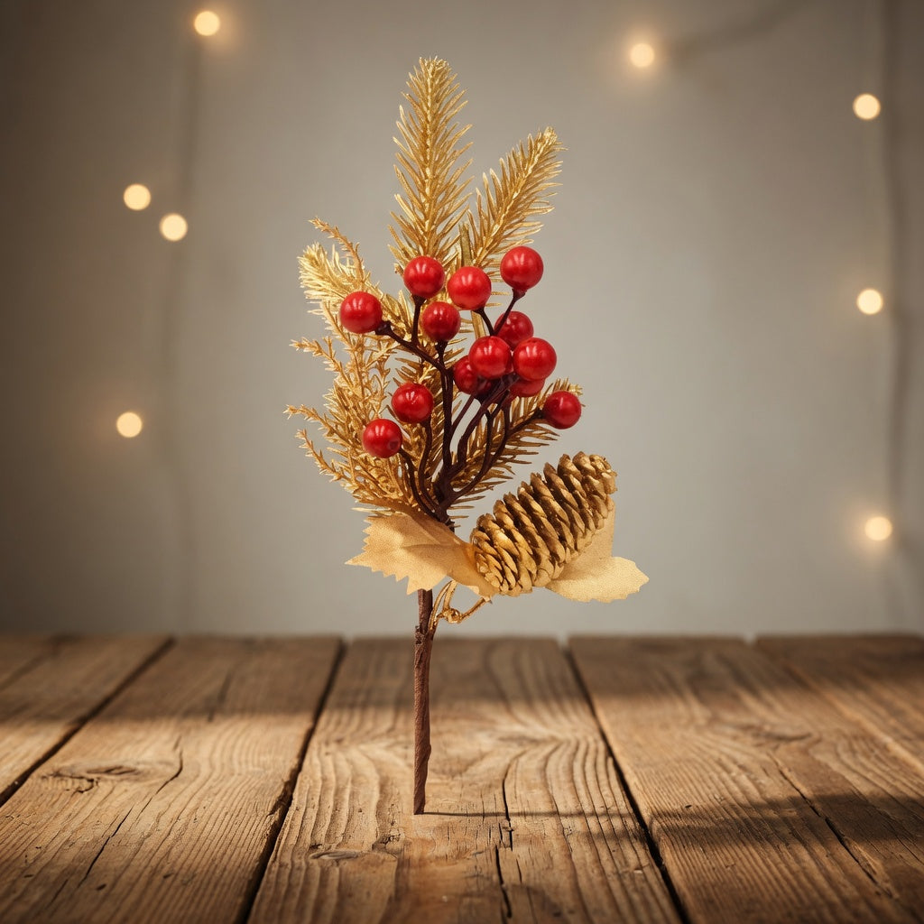 Golden Pine Needles & Red Berries Deco pick