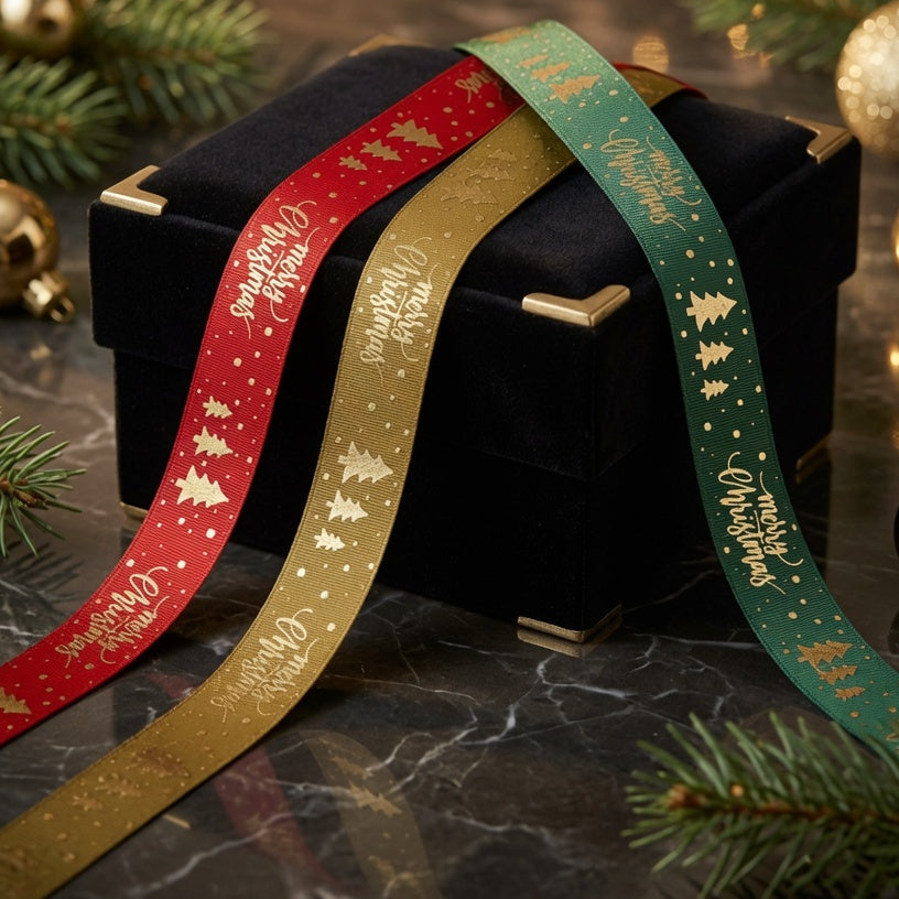 15mm Merry Christmas Trees Satin Ribbon x 20 Metre Rolls!