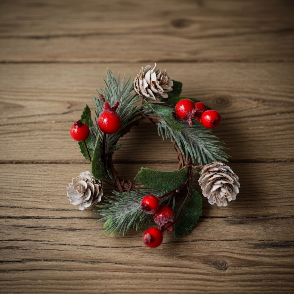 Holly Leaf, Berries & Pine Cone Candle Stick Wreath