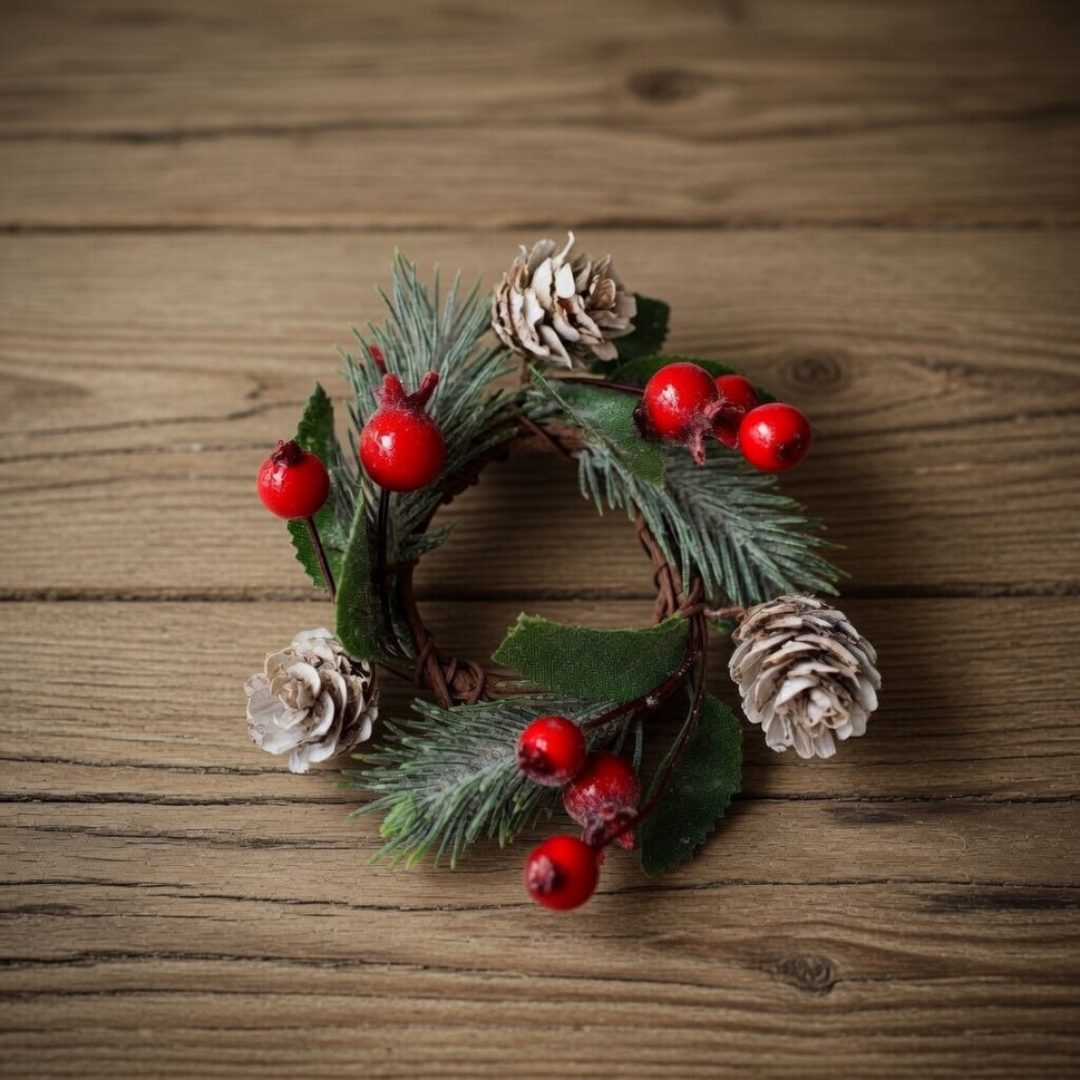Holly Leaf, Berries & Pine Cone Candle Stick Wreath