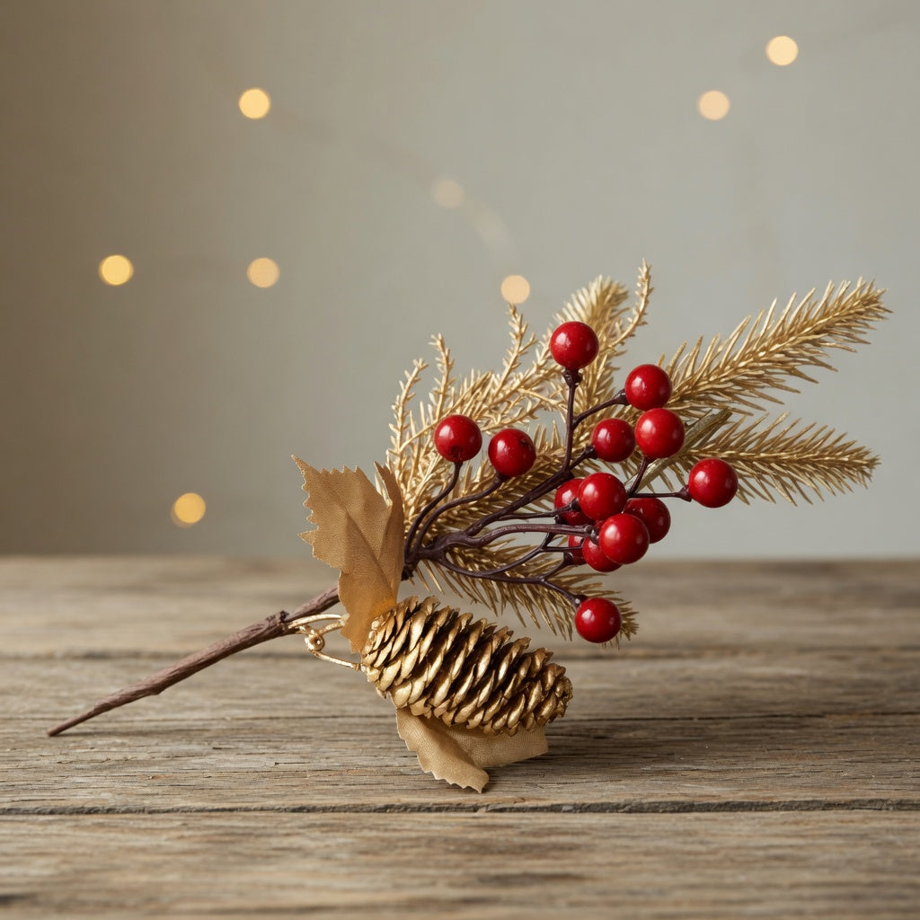 Golden Pine Needles & Red Berries Deco pick