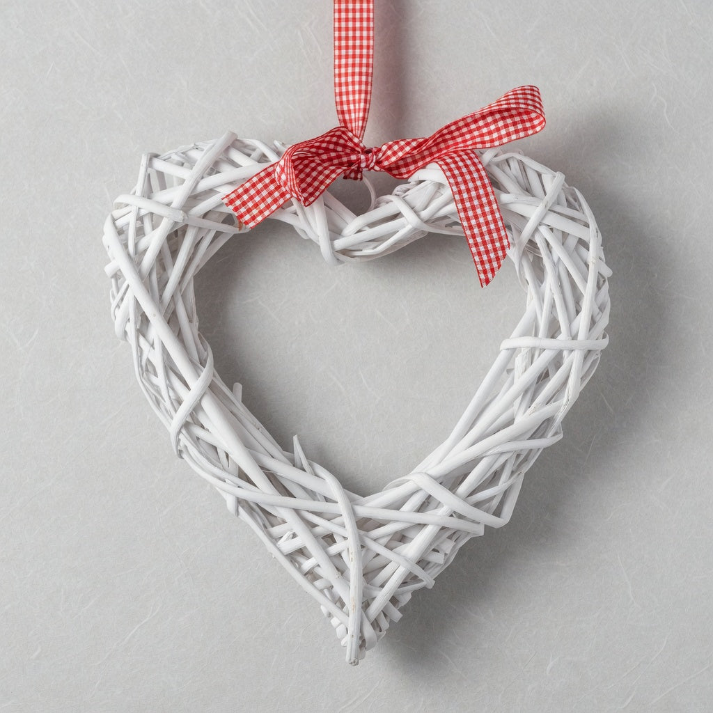 White Scandi Willow Hanging Heart Decoration & Red Gingham Bow