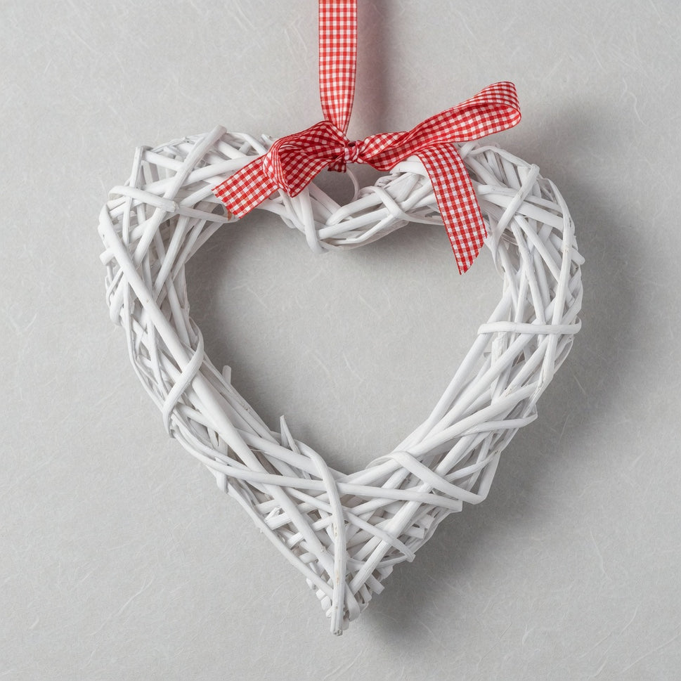 White Scandi Willow Hanging Heart Decoration & Red Gingham Bow