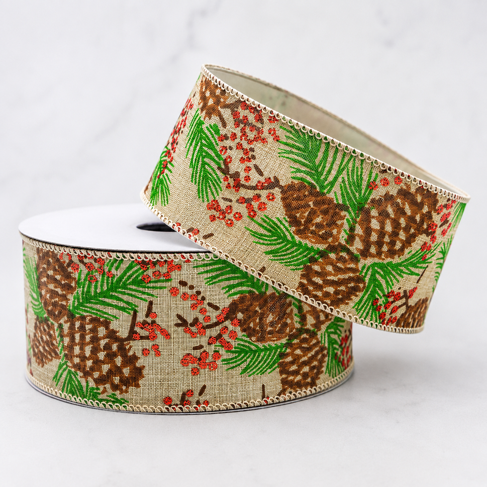 63mm Wired Natural Pine Tree & Red Berries Ribbon x 10 Metres!