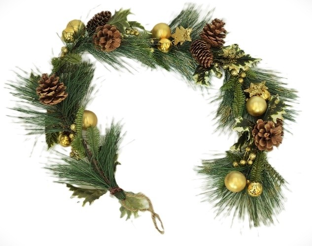 Gold Christmas Garland with Pine Cones, Holly & Baubles-Without Lights