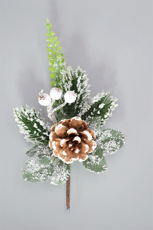 22013 - Snow Covered Pine Cone & Leaves Christmas Pick. Measures - 14cm Height x 10cm Width.