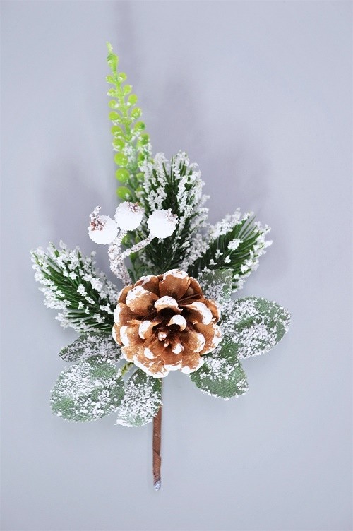 22013 - Snow Covered Pine Cone & Leaves Christmas Pick. Measures - 14cm Height x 10cm Width.