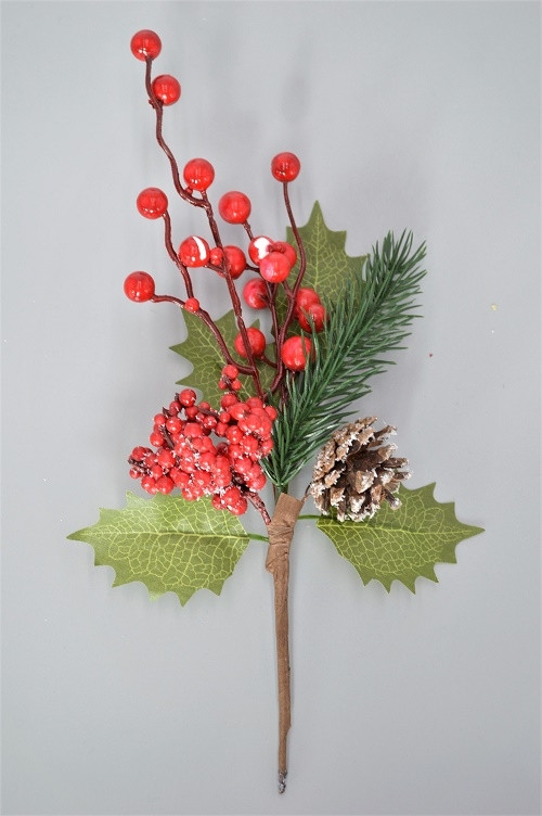 22040 - Bright green leaves with a frosted berry and cone display deco pick. Height 280mm  x  Width  140mm