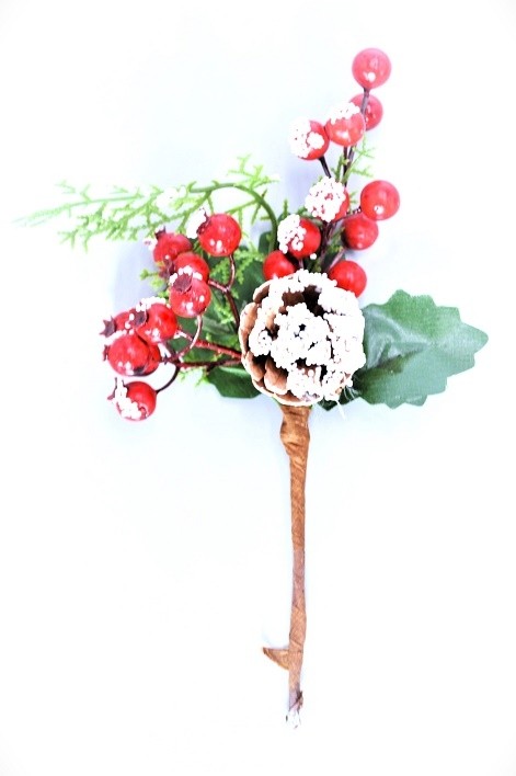 22043 - Dotted Snow Berries & Pine Cones Christmas Pick. Measures - 25cm Height x 11cm Width.