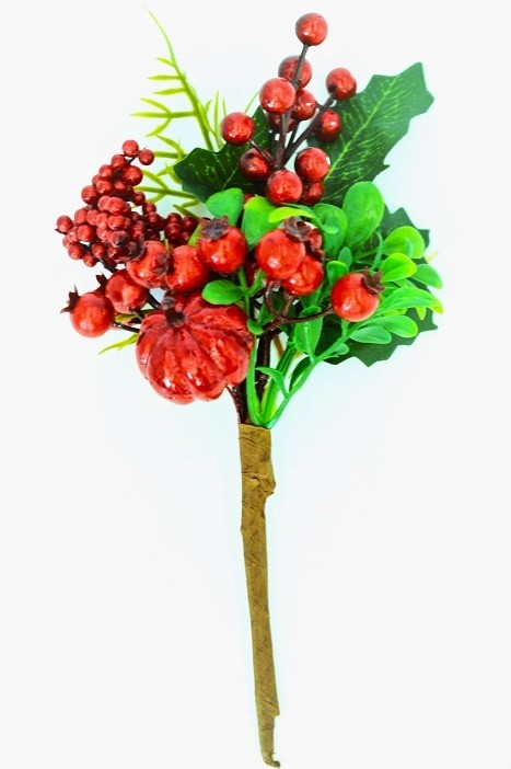 22053 - Green leaves and Red berries - floral pick.  Measures  Height 230mm  ,   Width  140mm 