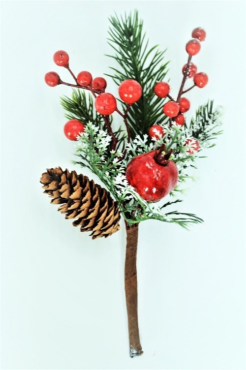 22057 - Traditional Pine cone and berries with a hint of snow - festive floral pick.  Measures  Height 210mm  ,   Width  120mm 