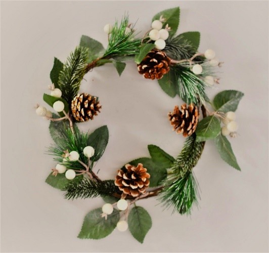 22058 - Wintery Christmas Wreath with pine needles and cones and white baubles with hints of sparkle.  Measures  280mm diameter