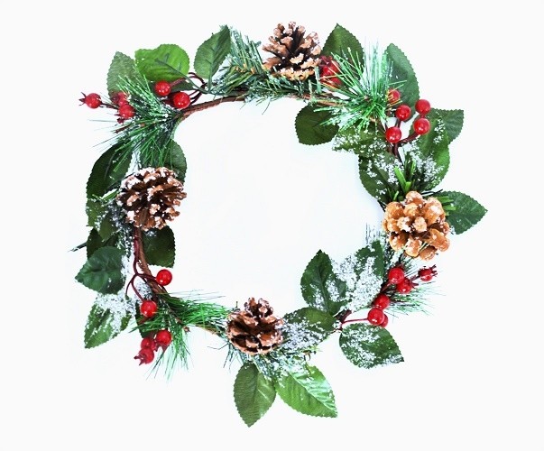 22059 - Festive Christmas Wreath with bright red berries, snow dusted leaves and pine cones.   Measures  300mm diameter