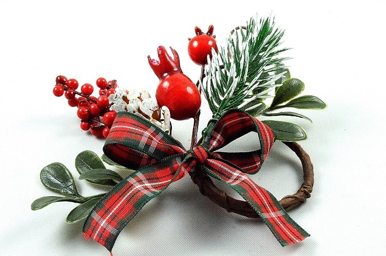 22061 - Christmas candle decoration with frosted pine needles, bright red berries and a lovely tartan bow. Measures  apx 110mm x 100mm