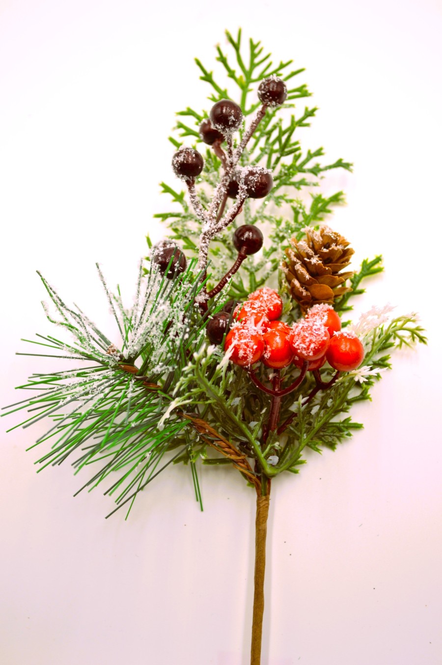22066 - Winter frosted Pine needles embellished with a pine cone and berries - the perfect festive floral pick.  Measures  Height 300mm ,   Width  140mm 
