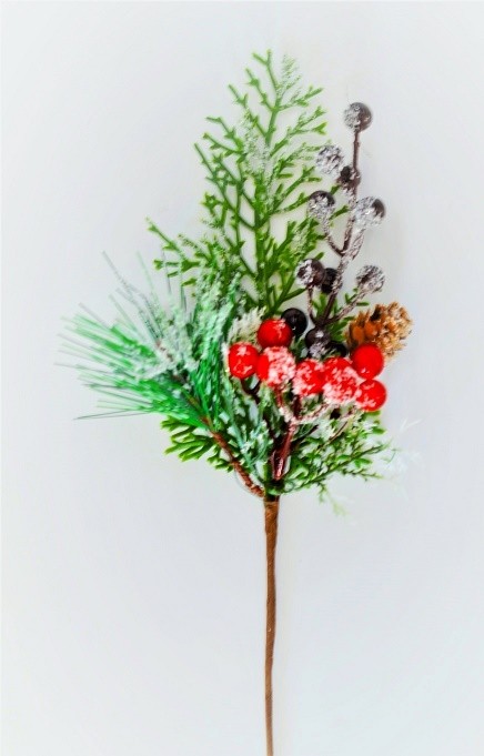 22066 - Winter frosted Pine needles embellished with a pine cone and berries - the perfect festive floral pick.  Measures  Height 300mm ,   Width  140mm 