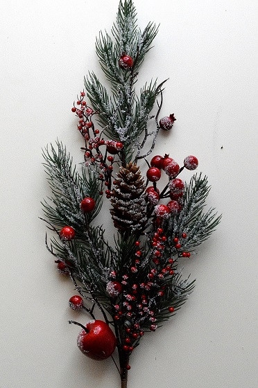 22067 - Frosted Pine cones and Bright Red berries - floral pick.  Measures  Height 770mm  ,   Width  190mm 