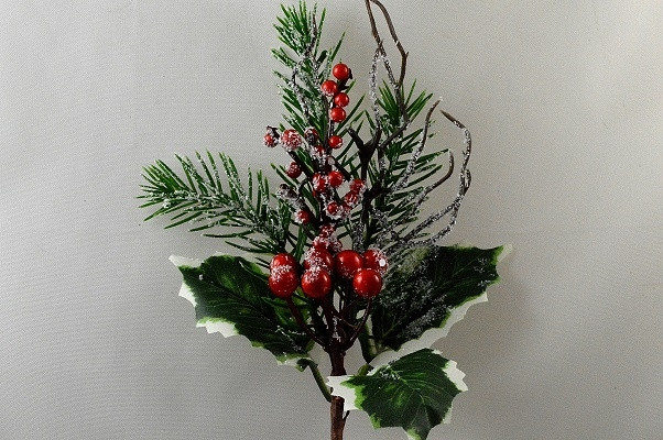 22068 - Winter frosted holly , pine needles and berries -  festive floral pick.  Measures  Height 275mm ,   Width  140mm 