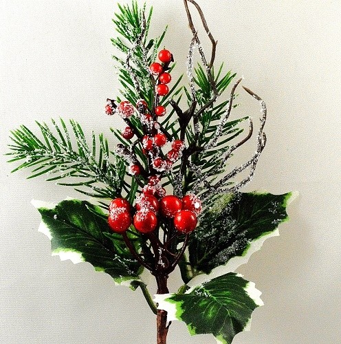 22068 - Winter frosted holly , pine needles and berries -  festive floral pick.  Measures  Height 275mm ,   Width  140mm 