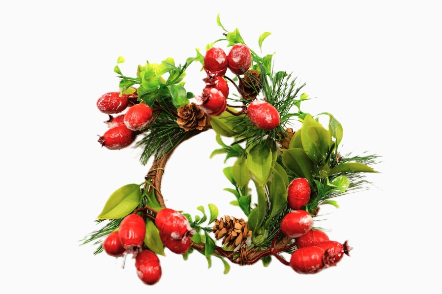 22078 - Wintery wreath. Vibrant green leaves, pine needles and cones with bright red berries floral display.  Size   Approx 230mm Diameter
