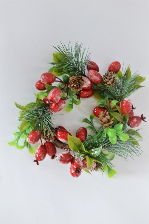 22078 - Wintery wreath. Vibrant green leaves, pine needles and cones with bright red berries floral display.  Size   Approx 230mm Diameter