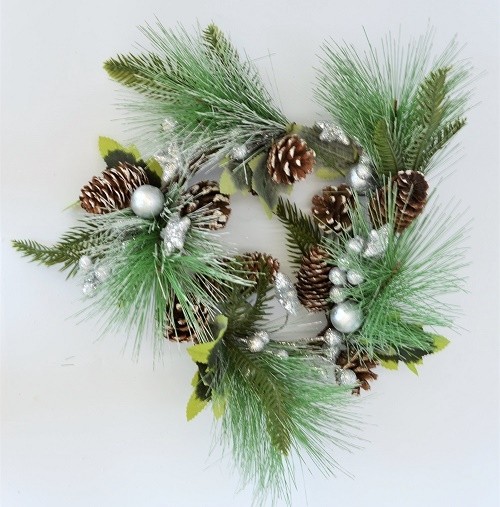 22084 - Small Wintery hanging wreath with frosted pine cones and sparkly baubles.     Approx Size:  30cm Dia