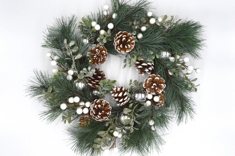 22085 - Large Wintery hanging wreath with frosted pine cones, pine needles , silver baubles and white berries. Approx Size:  45cm Dia