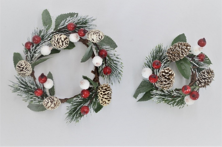 22087 - Christmas candle decoration.  Frosted pine cones and pine needles with bright red and snowy berries.  2 different sizes available