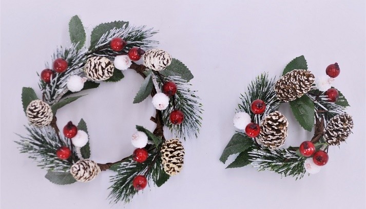 22087 - Christmas candle decoration.  Frosted pine cones and pine needles with bright red and snowy berries.  2 different sizes available