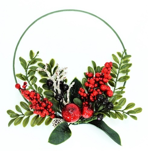 22089 -  Beautiful wintery wreath with lush red berries and green leaves embellished with snowy pine cone and branch.  Size   Approx 24cm dia