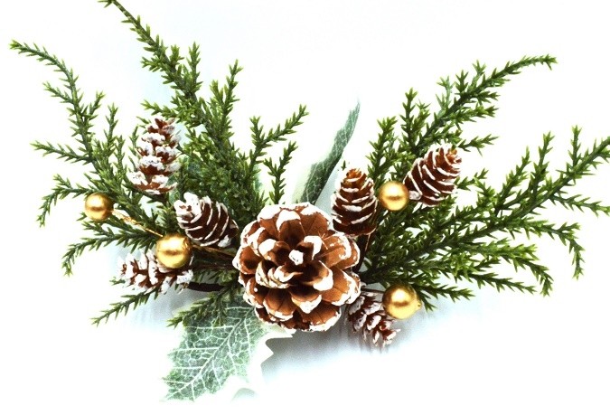 22092 -  A wintery collection of branches , snow covered pine cones and golden baubles.  Height 140mm  ,   Width  220mm   (Approx)