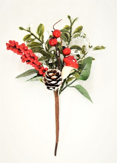 22095 - A lovely arrangement of frosted leaves, bright red berries and toadstools and pine cones deco pick.  Size :  Height 150mm  x  Width  100mm