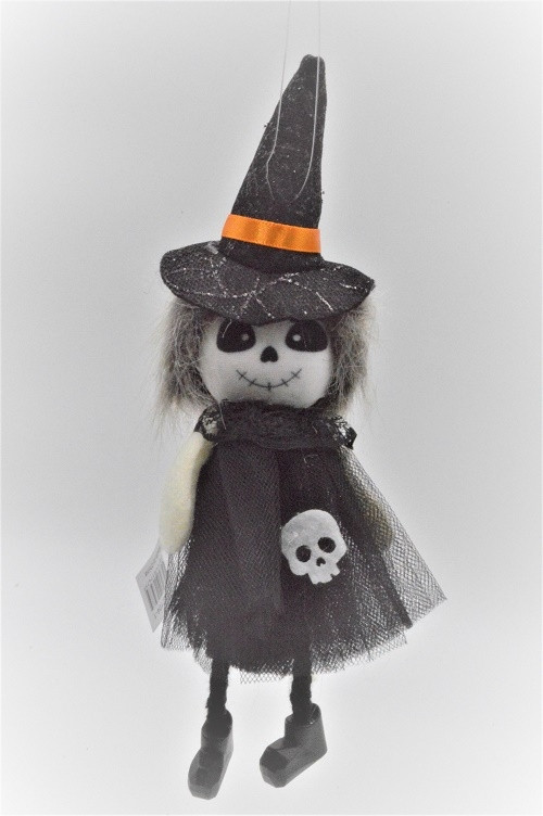 22104 - Small Halloween Witch hanging decoration with a Black sheer mesh shawl.   Height 21cms , Width  10cms  (Approx) 