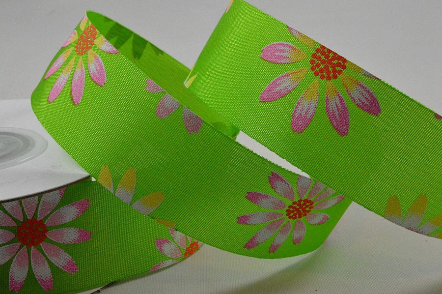 X51 - 25mm Green Flower Printed Ribbon x 10 Metre Rolls!