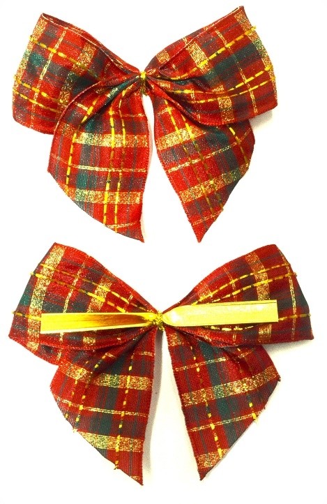 31177 - 40mm Hand tied Red , Green and Gold check wired edge ribbon bow with a gold twist tie  (2 pieces in a pack)