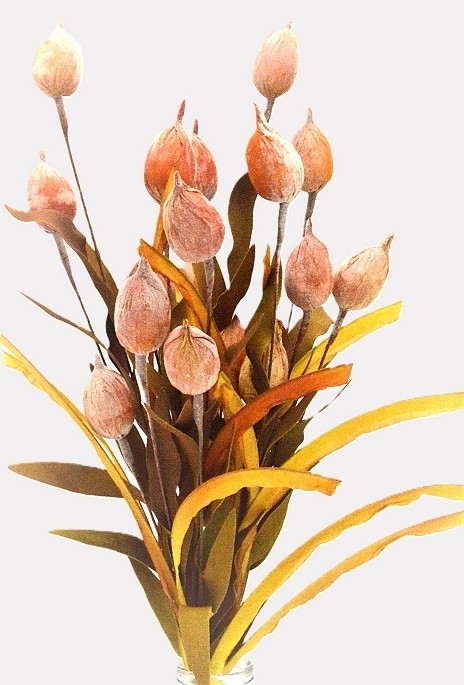 33023 - Golden floral display with soft textures of leaves and grasses.  Height  57cms ,  Width 24cms  (approx) 