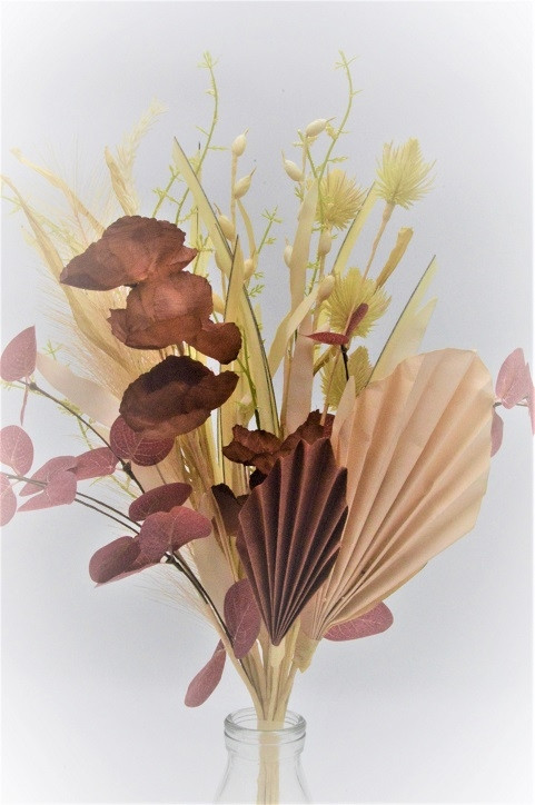 33030 - Dusky red flower and petals in a floral display with beautifully soft textures of leaves and grasses.  Height  50cms ,  Width 32cms  (approx) 