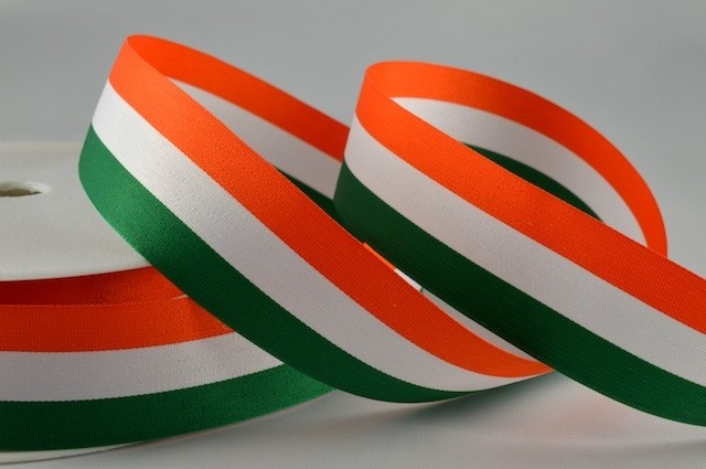Y894 - 40mm Striped Flag Ribbon-40mm- Orange, White & Green-25 Metres
