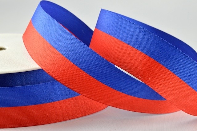 Y897 - 40mm Striped Flag Ribbon-40mm- Blue & Red-25 Metres