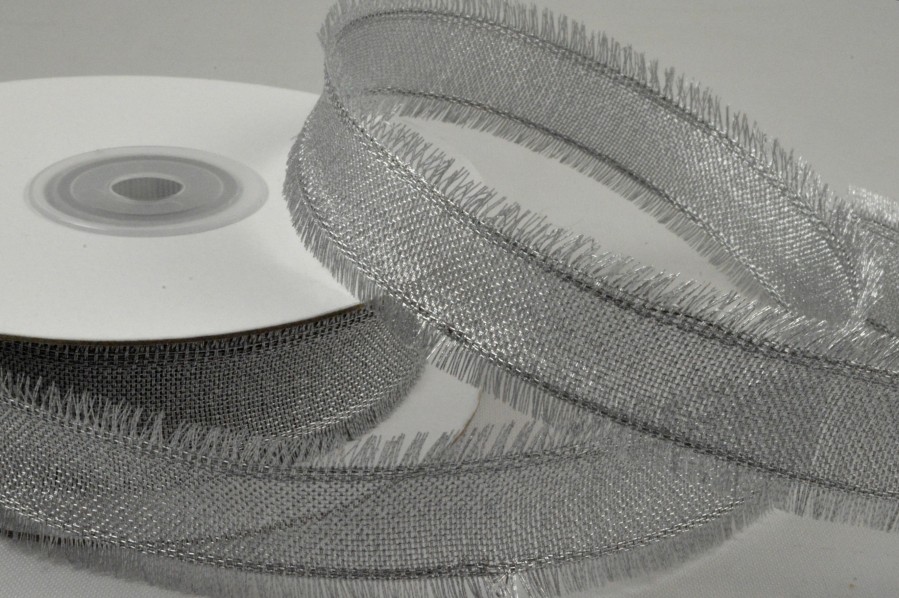 Y859 -  38mm Wired Ribbon with Fringed Edges x 10 Metre Rolls!-38mm-01 Silver