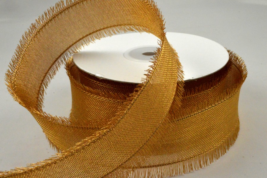Y858 -25mm Wired Ribbon with Fringed Edges x 10 Metre Rolls!-25mm-02 Gold