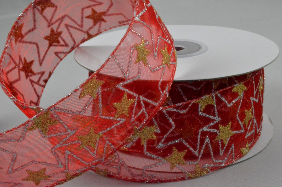 Y669 - 38mm Wired Sheer Glitter Star Ribbon x 10 Metre Rolls!-35 Red