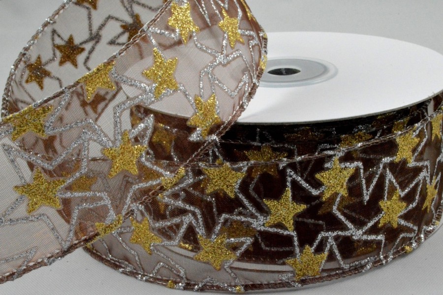 Y670 - 38mm Wired Sheer Glitter Star Ribbon x 10 Metre Rolls!-57 Brown