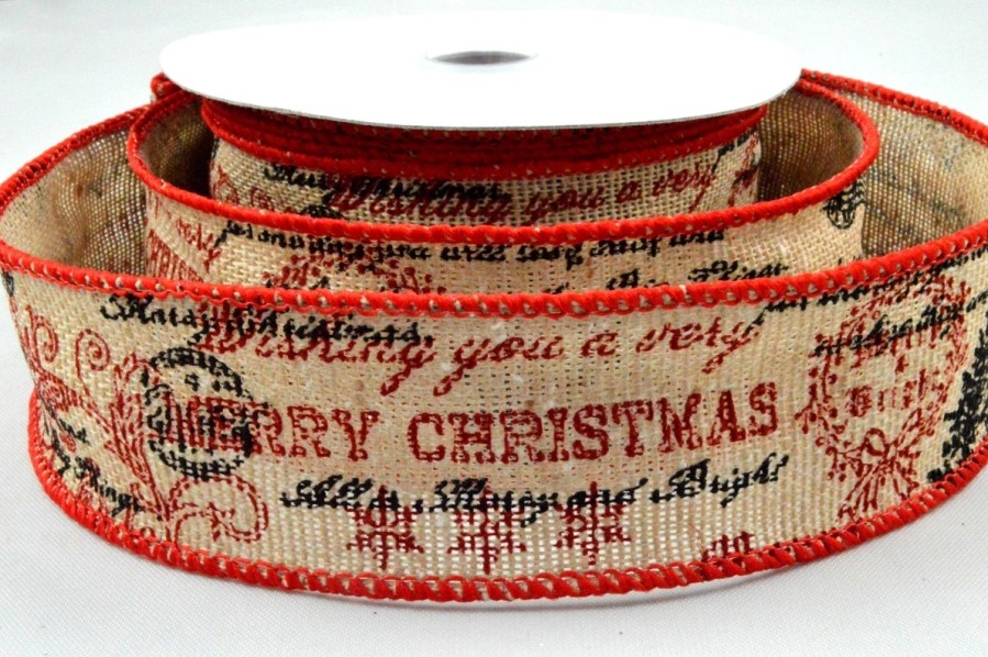 Y835 - 25mm Wired Merry Christmas Scroll Burlap Ribbon x 10 Metre Rolls!
